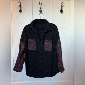 Women’s Oversized Leopard Denim Jacket Button Down Jean Blouse Size Large
